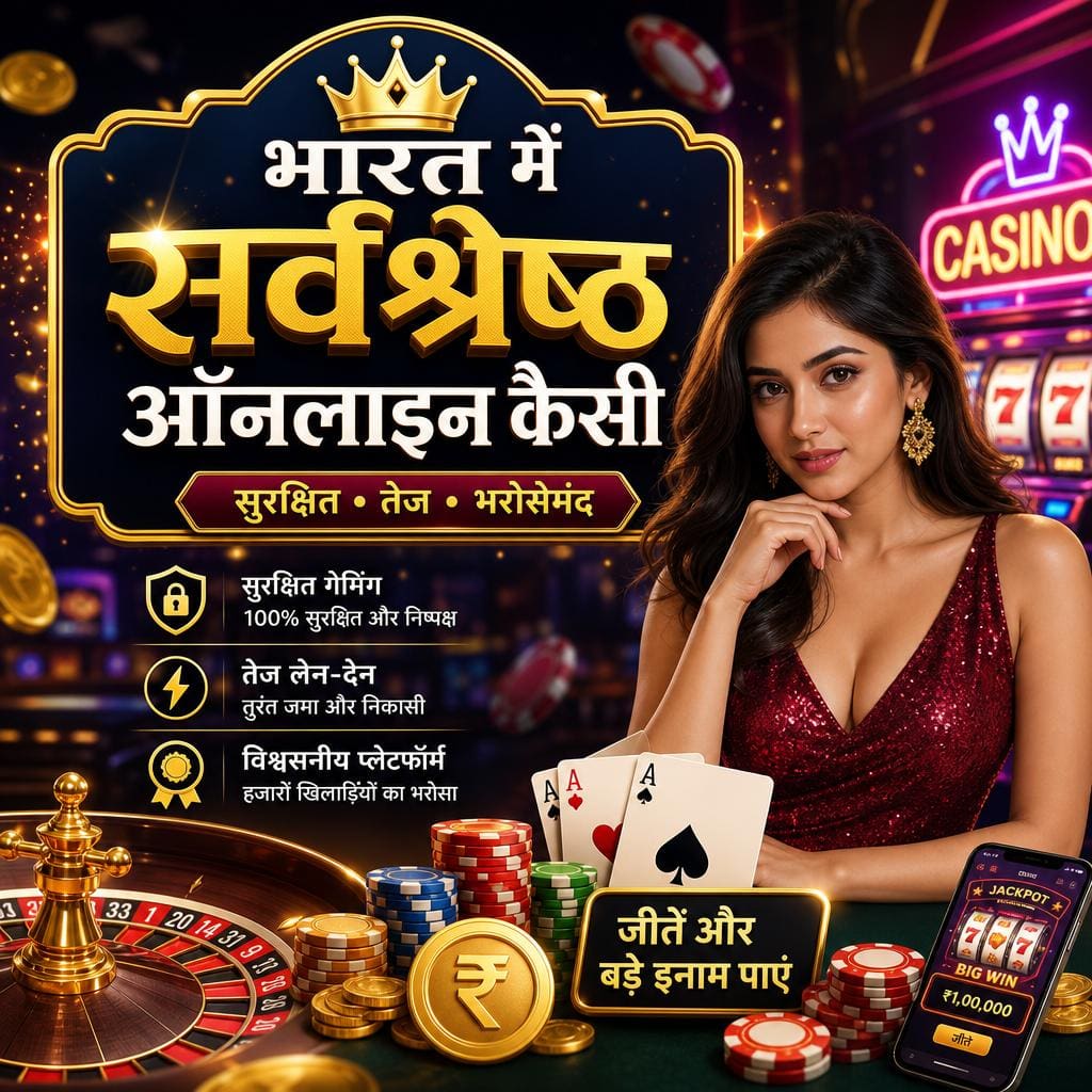 Advert for India's top online casino featuring a woman in a red sequin dress beside a roulette wheel, chips, cards, and jackpot on a phone screen.