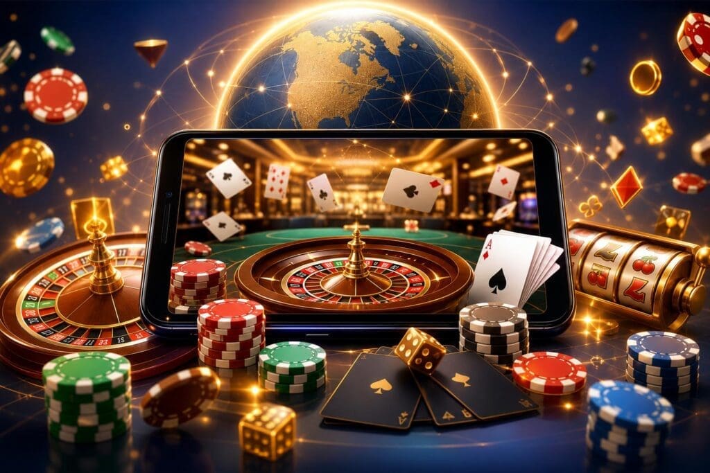 Smartphone shows a roulette table with chips, cards, and a glowing casino scene in the background.