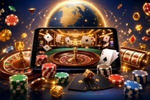 Smartphone shows a roulette table with chips, cards, and a glowing casino scene in the background.