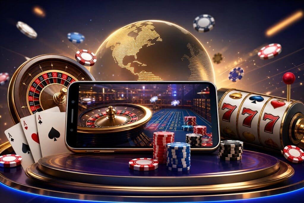 Smartphone on a glossy casino podium showing a roulette table with cards and chips nearby, set against a glowing world globe.