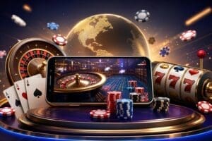 Smartphone on a glossy casino podium showing a roulette table with cards and chips nearby, set against a glowing world globe.