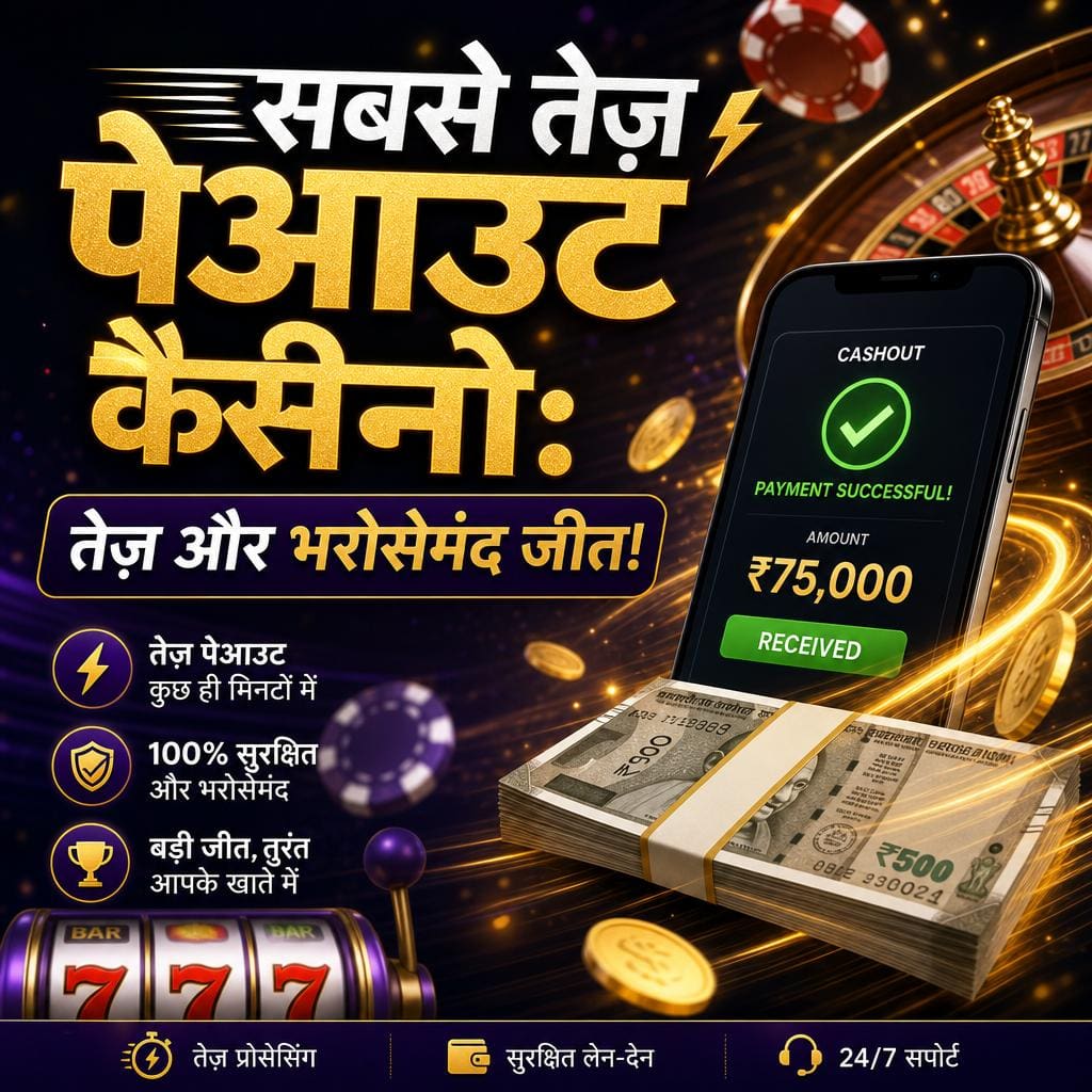 Gambling app ad showing a smartphone with 'Payment Successful' and ₹75,000, a stack of cash, and a roulette wheel in gold graphics.