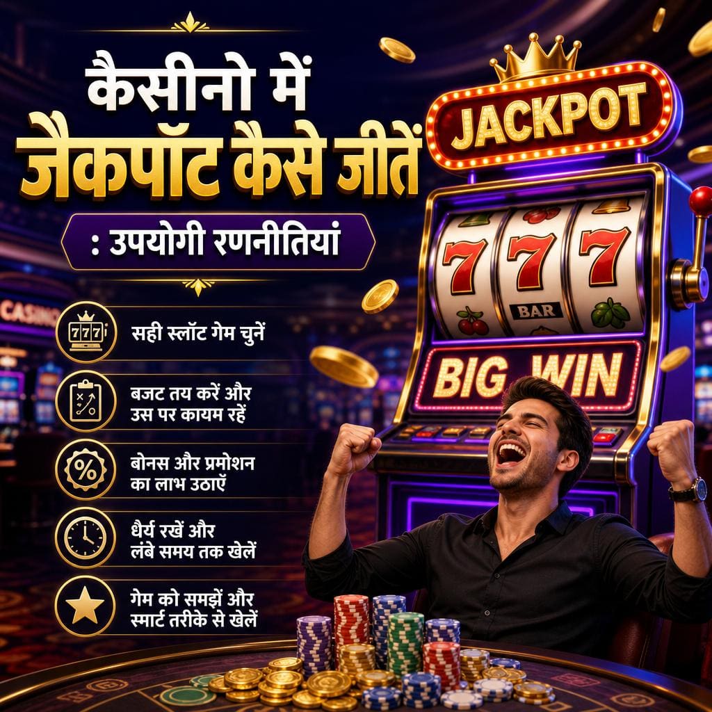 कसीनो खेल jackpot जीतने के लिए की जाने वाली टिप्स बताते एक आकर्षक स्लॉट मशीन वाला पोस्टर