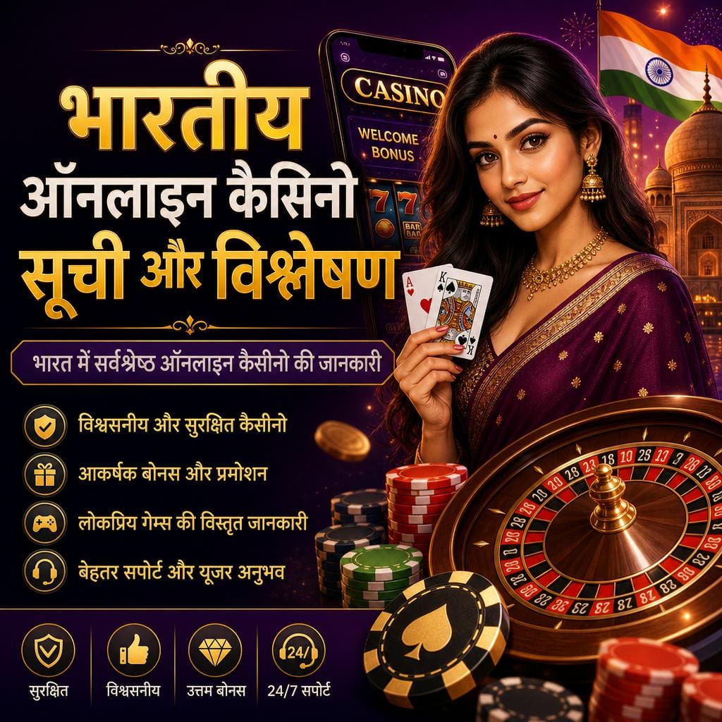 Indian online casino ad: woman in a purple sari holds playing cards beside a roulette wheel; prominent Hindi text about bonuses and casino benefits.