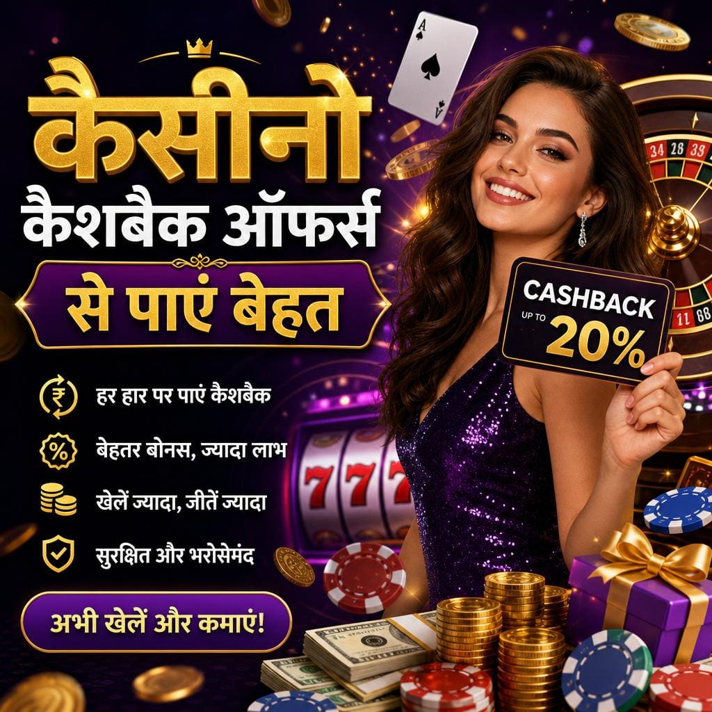Smiling woman in a purple dress holding a cashback sign up to 20% amid casino elements (roulette, chips, cash) with Hindi promo text in the background.