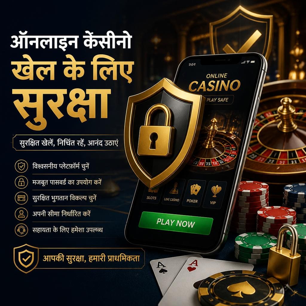 Promotional image for an online casino app with a shield, casino chips, and a smartphone showing a casino interface and a 'PLAY NOW' button (Hindi text on screen).