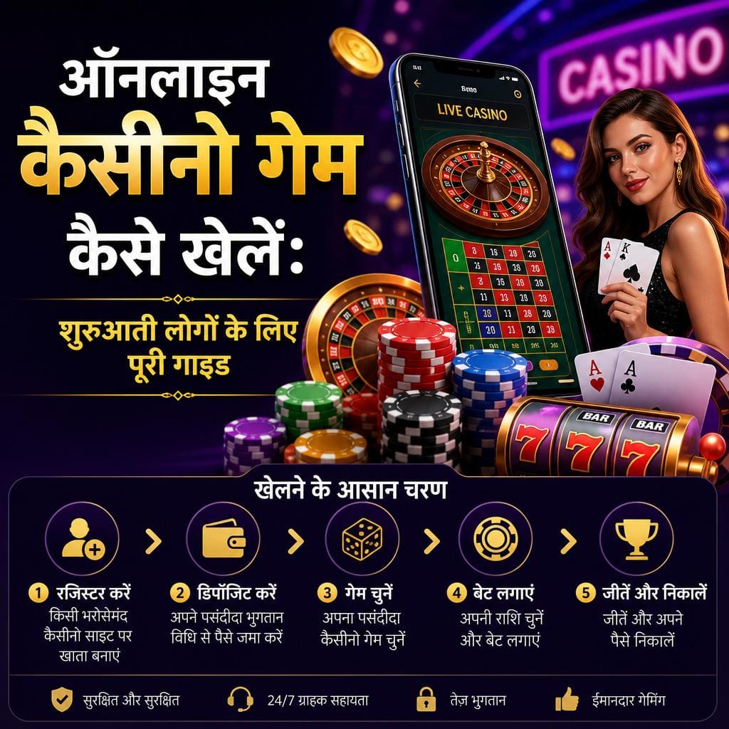 Hindi online casino promo: smartphone showing live casino with roulette, chips, and cards alongside a smiling woman; Hindi guide text present.