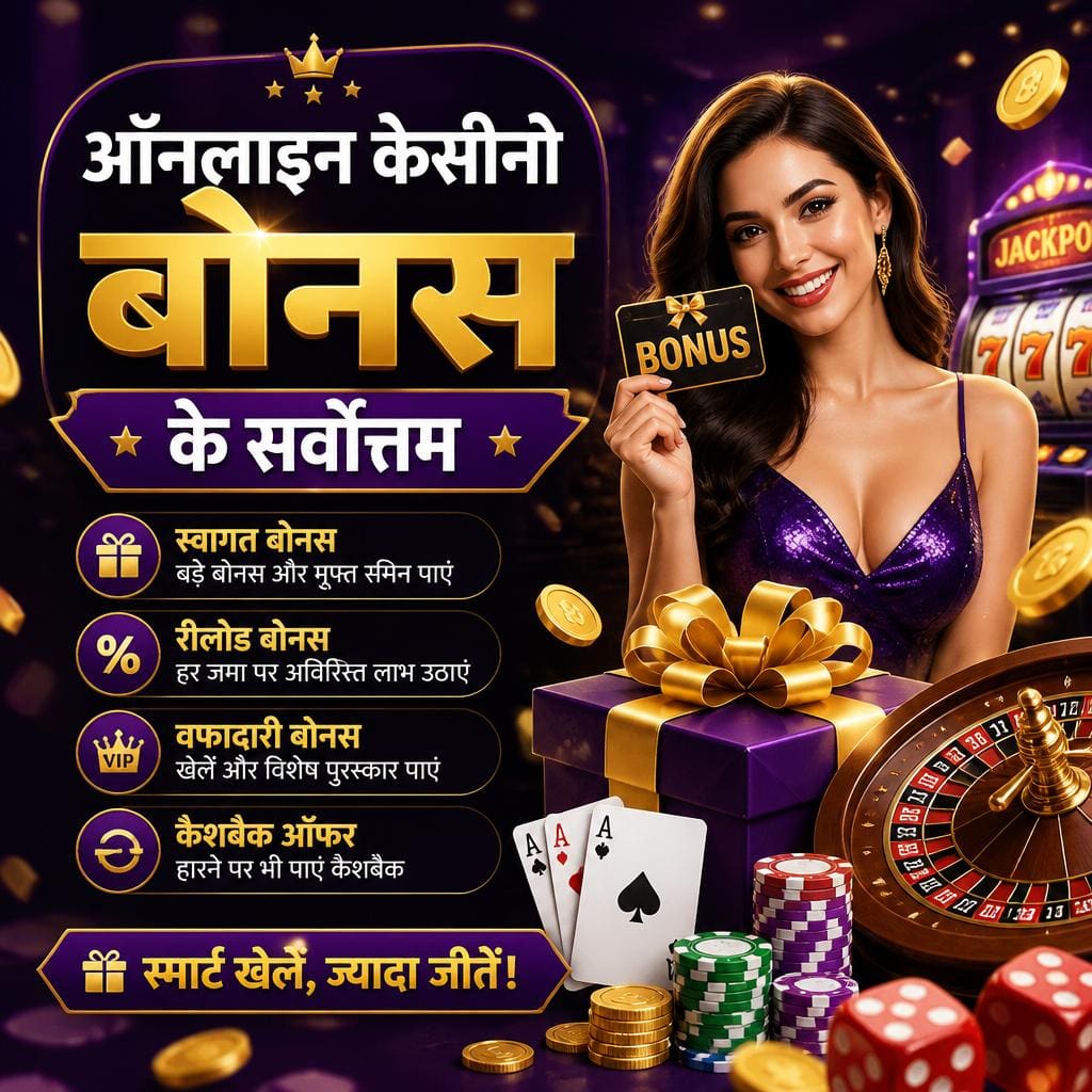 Promotional online casino banner in Hindi featuring a smiling woman, a gold 'BONUS' sign, gift box, and roulette with bonus features list in Hindi.