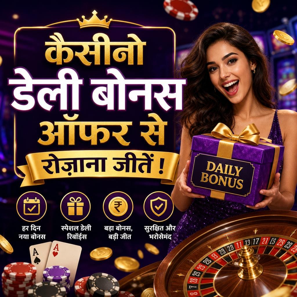 Hindi casino promo banner: smiling woman holding a purple 'Daily Bonus' gift box with a roulette wheel and gold coins in the background.