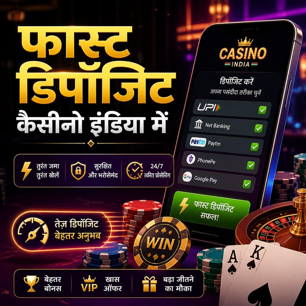 Promotional poster for a fast-deposit casino app in India, featuring a smartphone with the casino app UI, bold Hindi headline, and casino chips and cards in the foreground.